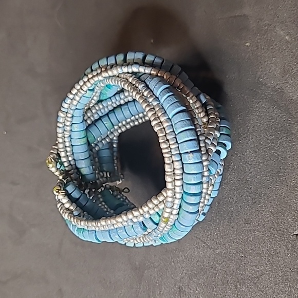 Turquoise and Silver Bead Bracelet Braided Cuff Bangle Bracelet - Picture 4 of 4